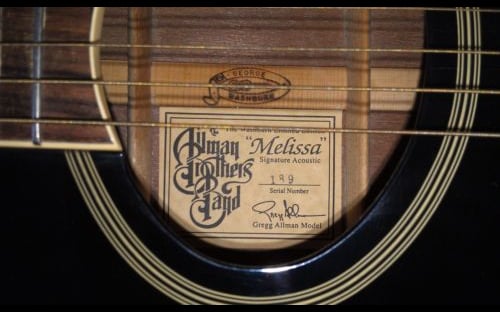 Washburn Melissa acoustic guitar, soundhole label with Gregg Allman signature