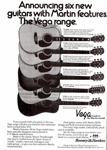 Six different Martin Vega Acoustic Guitars from 1977