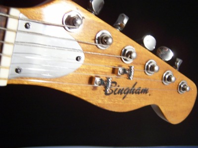 Tom Bingham's Book Guitar, headstock close up with Bingham decal