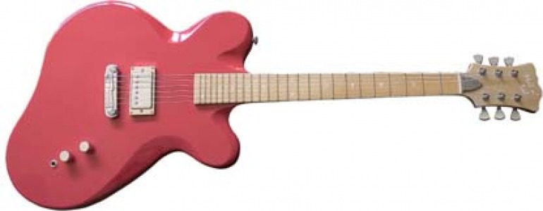 A red electric guitar, with single pickup