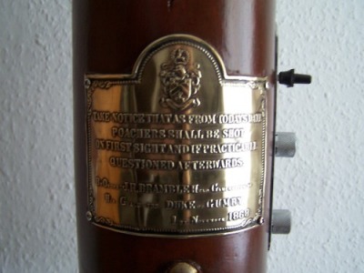 Tom Bingham wine box electric guitar, close up of plaque